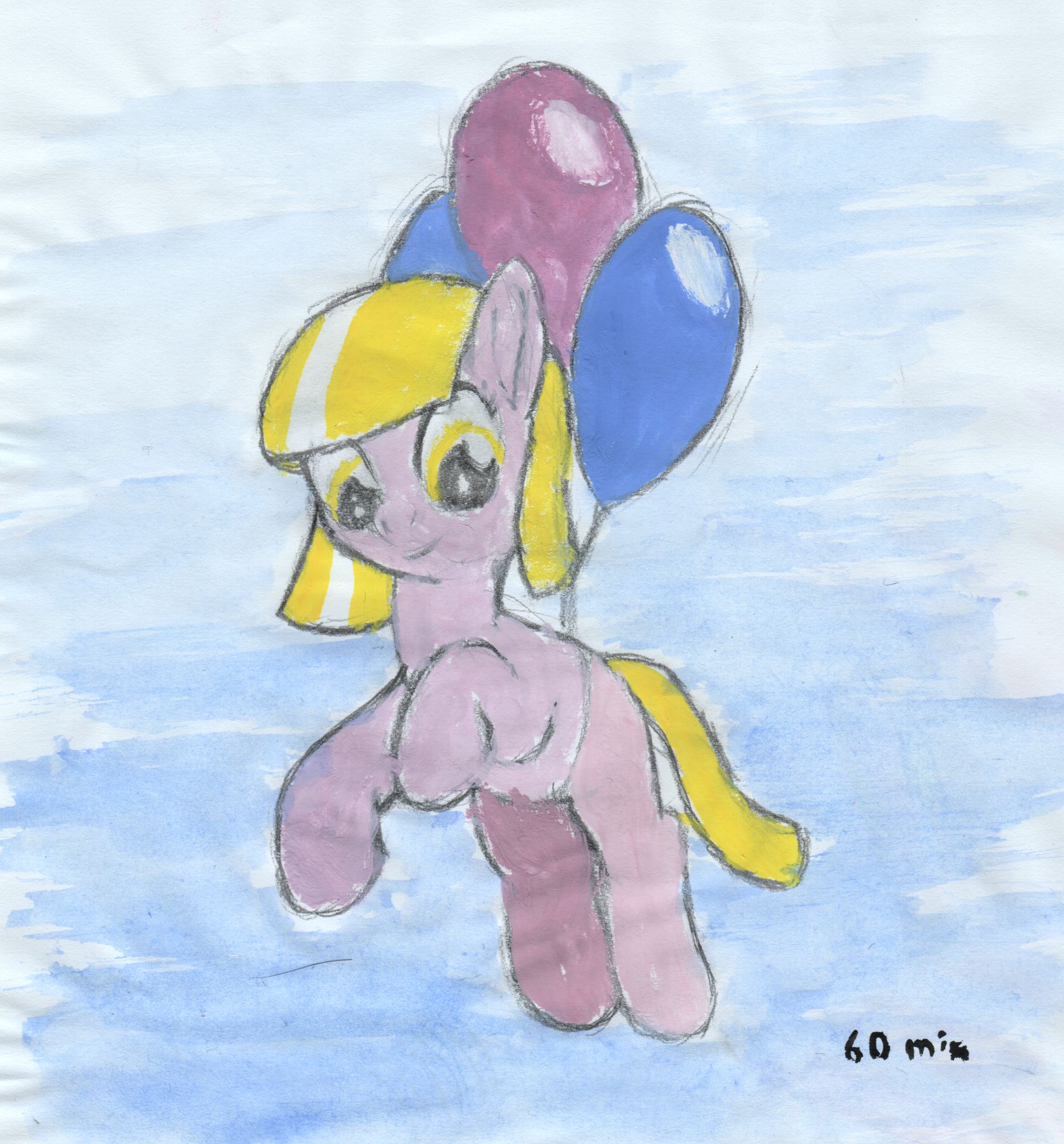 Drawing of Maze pony flying using balloons